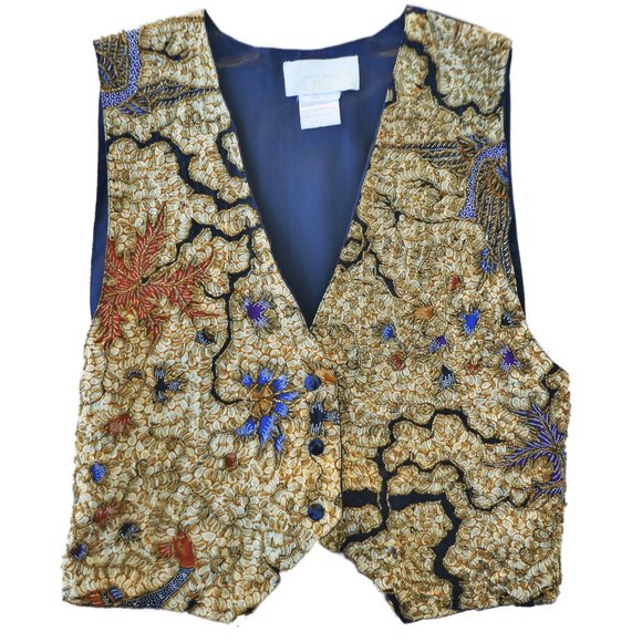 Vintage Cache Heavy Beaded Snap Front Vest Black Satin Back Tie Cincher S - Picture 6 of 7